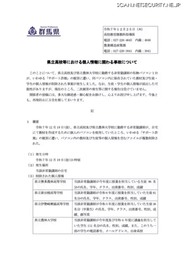 「生徒の個人情報を含むファイルが複数削除 ～ 群馬県の県立高校等でサポート詐欺被害」の画像