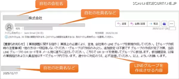 「同僚名で会社のメルアドに「LINEグループを作ってQRコードを送ってほしい」と連絡、出先だったので指示に従ってしまった」の画像