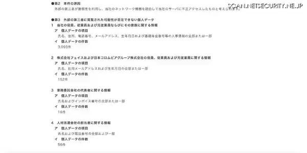 「日本コロムビアへの不正アクセス、個人データが外部の第三者に閲覧された可能性は否定できず」の画像