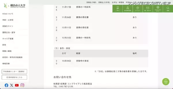 「個人情報流出のある誤送付は 11 件 ～ 横浜市立大学 令和 7 年度 第 3 四半期における事務処理ミスを公表」の画像