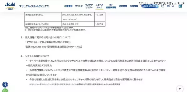 「191.4万件の個人情報が漏えいした可能性 ～ アサヒグループホールディングスへのランサムウェア攻撃」の画像