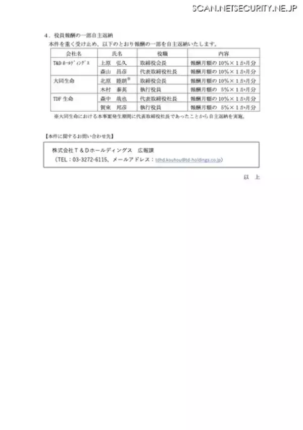 「保険代理店への出向者による不適切な情報持ち出し ～ T&Dホールディングス 調査結果 発表」の画像