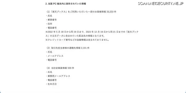 「楽天ブックスネットワークのPC端末に不正アクセス、「楽天ブックス」利用者33,333件の個人情報等を保存」の画像