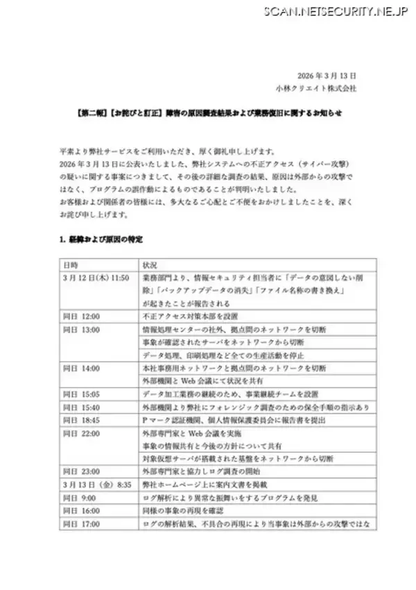 「データの意図しない削除が発生し不正アクセスの可能性を公表 → プログラムの誤作動が原因であることが判明」の画像