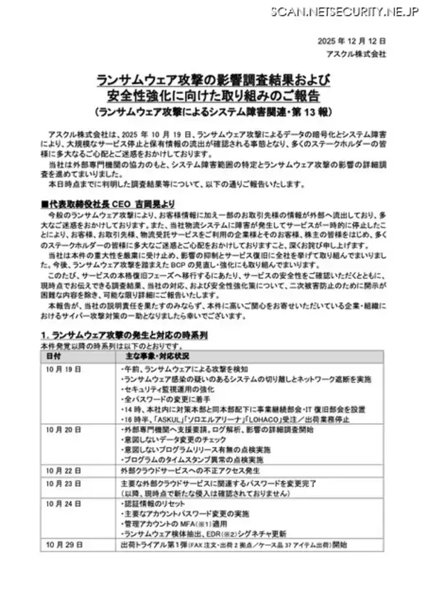 「アスクル社長「可能な限り詳細にご報告いたします。サイバー攻撃対策の一助となりましたら幸い」」の画像