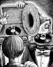 神保町の地下喫茶店『かふぇ あたらくしあ』で出会った、1920年代の蓄音機とカリーヴルストのホットドッグ／カツセマサヒコ