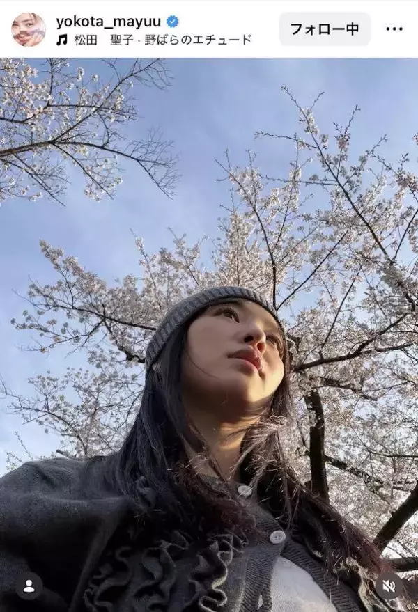 「横田真悠「年々タレ目になっててる気がする」桜をバックに最新ショットをアップ」の画像