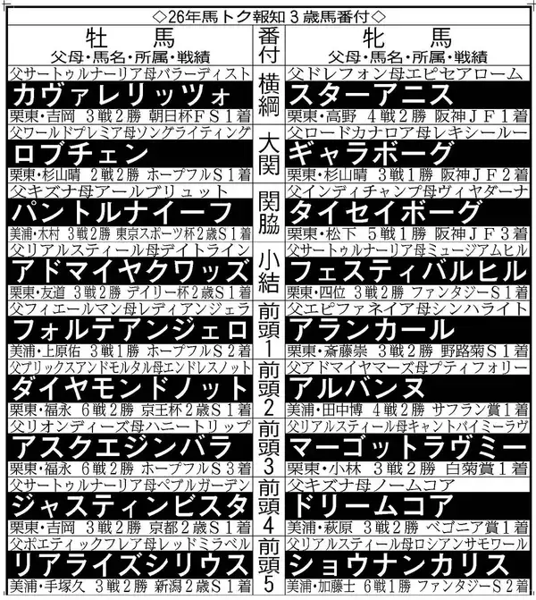 【馬トク報知３歳馬番付】ヤマタケ記者は今年のダービー馬にラヴェニュー指名「友道厩舎の牡馬を狙うなら偶数年」　坂本記者はクロワデュノールの全弟