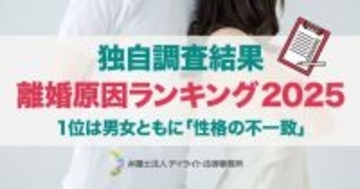2025年離婚原因調査　男女ともに1位は「性格の不一致」　男性では「自身の不倫」が4位に浮上