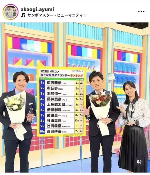 ＴＢＳ・赤荻歩アナ、「好きな男性アナウンサーランキング」２位に！ランク１位の南波雅俊アナと記念ショット！