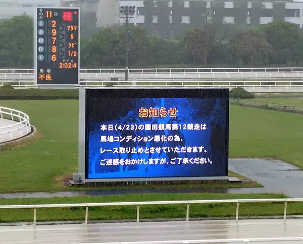 園田競馬の最終１２Ｒは悪天候で馬場コンディション不良のため取りやめに
