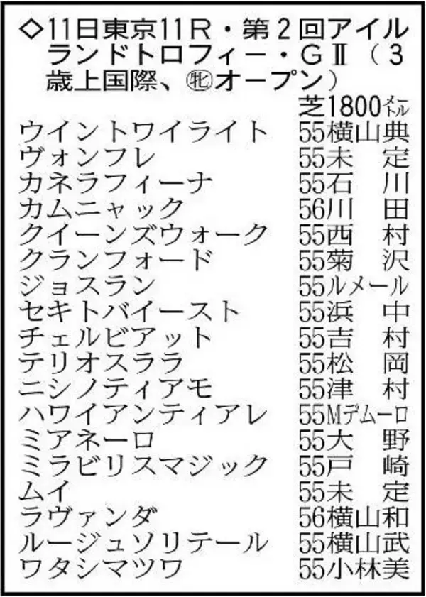 【アイルランドトロフィー展望】Ｇ１馬カムニャックが始動　クイーンズウォークも好勝負に