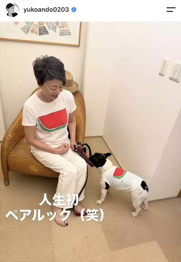 ジャーナリストの安藤優子さん「人生初」愛犬とのペアルックに「お似合い」「可愛すぎ」「素敵」の声
