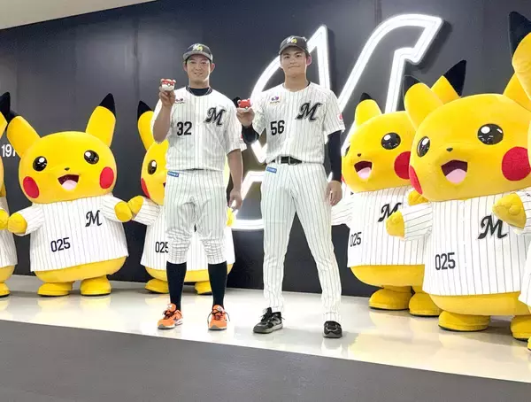 【ロッテ】佐藤都志也と中森俊介がピカチュウと交流　佐藤が「ミズゴロウが好き」という理由は…