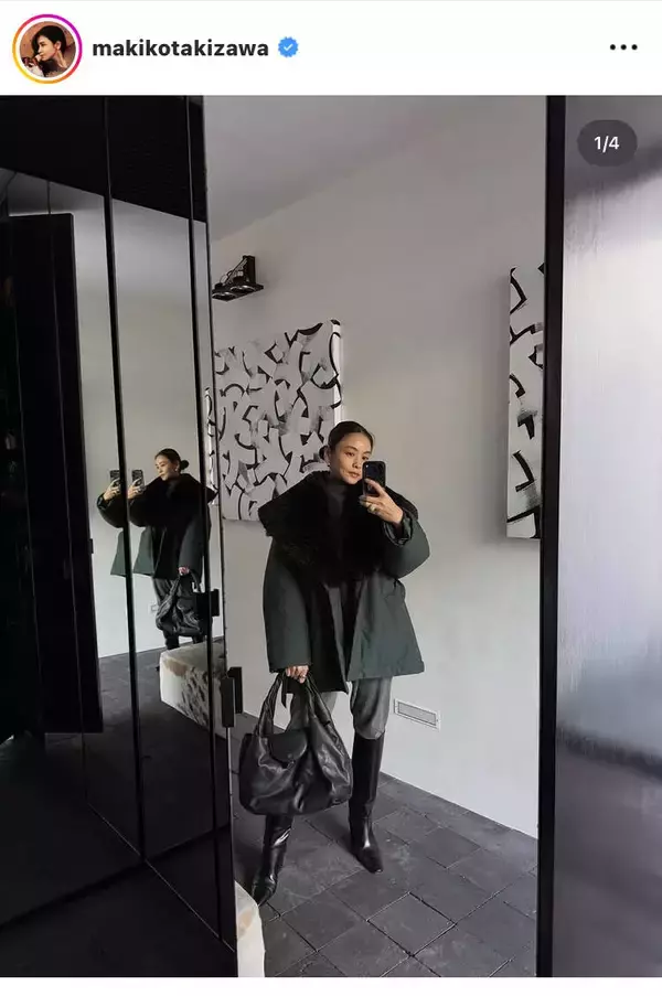 「私服撮りました」滝沢眞規子、グリーン×ブラックのスタイリッシュなコーデ姿「全てが素敵」「センスの塊」