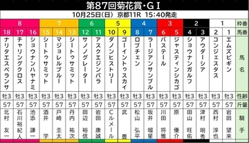 【菊花賞】史上９頭目の３冠狙うロブチェンは４枠８番　武豊騎手のゴーイントゥスカイは５枠９番　ダノンヒストリーは５枠１０番