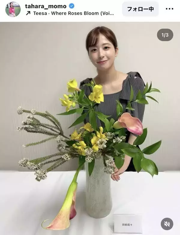 田原萌々アナ、生け花に挑戦！「貴婦人の様」「美女とキレイな華」「美的感性が素晴らしい」「最上級に可愛い」