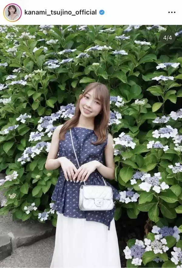 「天使だよ」とき宣・辻野かなみ、アジサイに囲まれたノースリ姿「似合いすぎてる！」「美しい！」「どっちも綺麗〜」