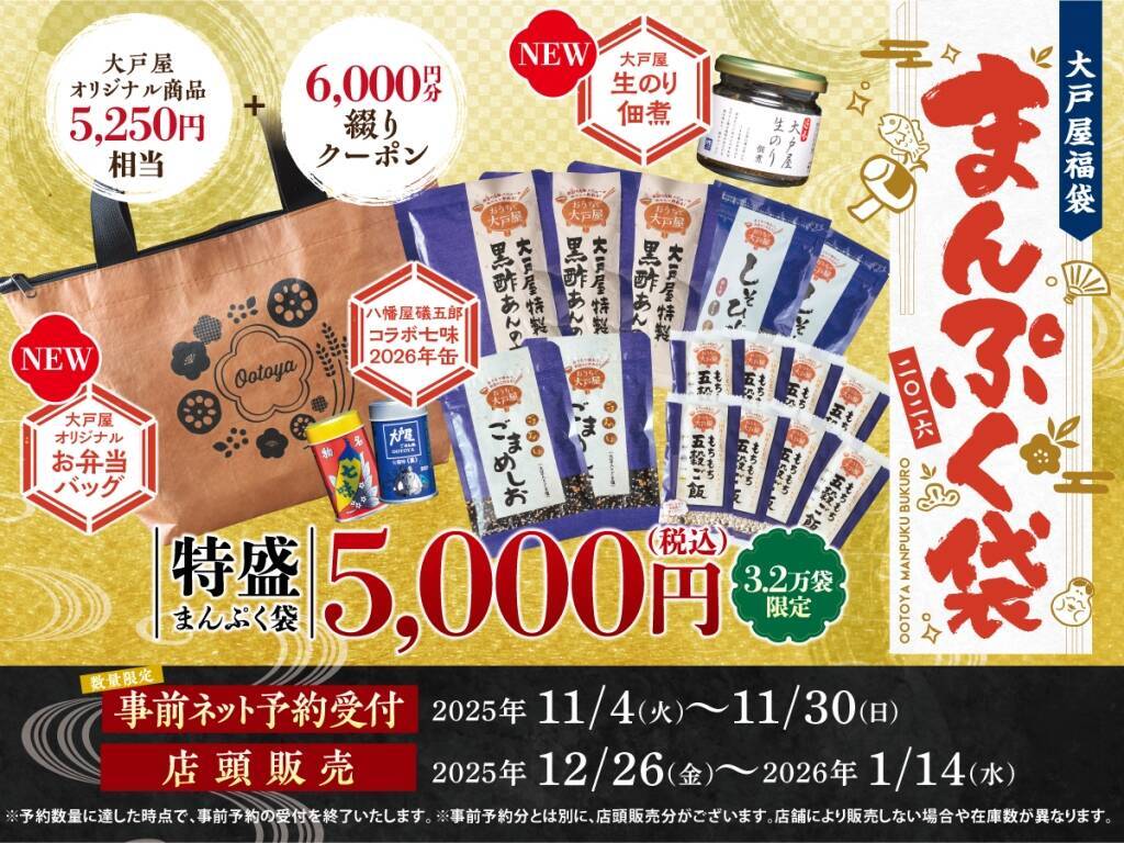 【2026福袋】「クーポン6,000円分」入りで5,000円、12月26日から店頭販売/ オリジナル商品・グッズをセット【大戸屋】
