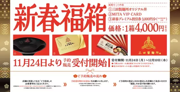 【三田製麺所】350セット限定『福箱2026』が新登場/税込4000円で割引券3000円分+オリジナル丼+トッピング無料券【福袋】