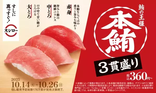 「【スシロー】税込360円～「本鮪3貫盛り」発売、120円～「厚切りびん長まぐろ」なども登場」の画像