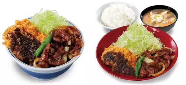 「かつや「牛バラ焼きとロースカツの合い盛り」発売、10月6日から、牛バラ焼きはニンニクのきいたタレで仕上げ、北米産豚肉ロースカツと合い盛り」の画像