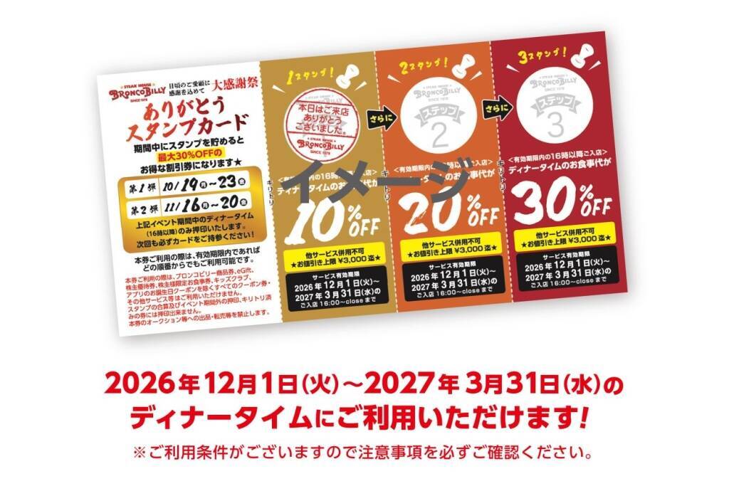 ブロンコビリー、平日ディナー全品20％OFF「大感謝祭」開催　最大30％OFFのスタンプカードも