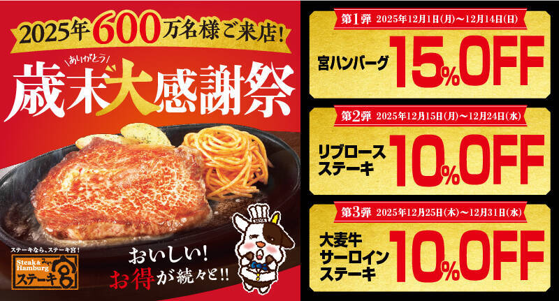 宮ハンバーグ15%OFF、リブロース・大麦サーロインステーキ10%OFF、小学生以下はドリンクバーが無料に【ステーキ宮の『歳末大感謝祭』】