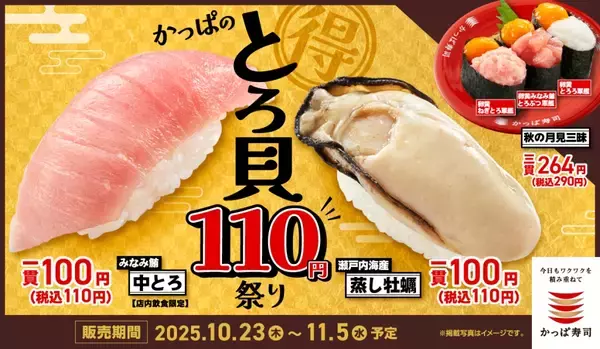 「「瀬戸内海産 蒸し牡蠣」「みなみ鮪中とろ」を一貫税込110円で提供する『かっぱのとろ貝110円祭り』」の画像
