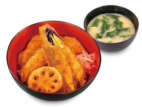 松のや、ナス･かぼちゃ･レンコンと薄切りロースを合わせた「ロースと野菜の合い盛りタレかつ丼」発売