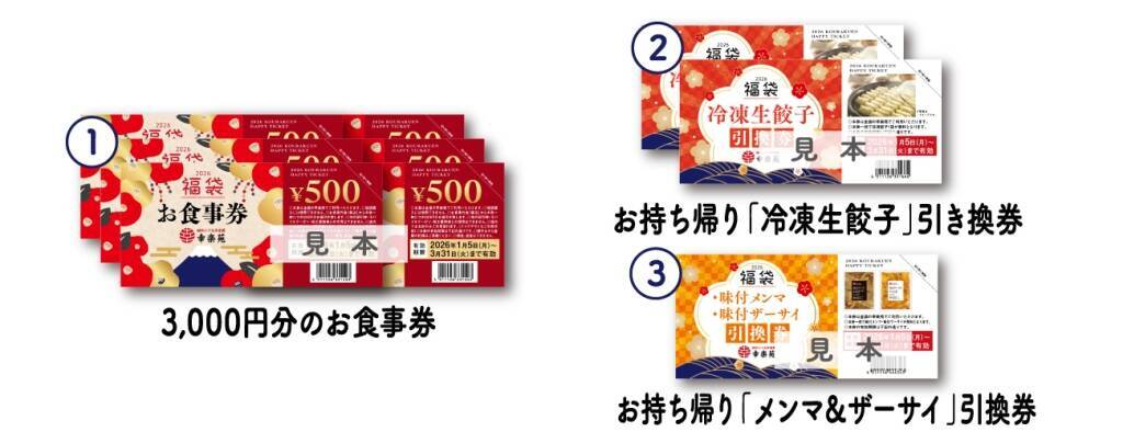 【幸楽苑】2026年福袋、3,000円分の食事券や持ち帰り「冷凍生餃子」などをセット/11月24日から予約開始
