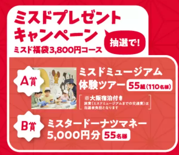 「【予約受付スタート】ミスド福袋2026、ドーナツ引換カードにトートバッグなどを合わせた2種類の福袋」の画像