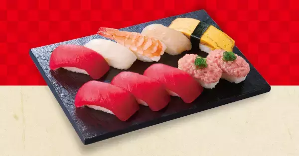 「【10貫で745円】まぐろ、サーモン、えびなどが入る「6種類」のセットが安い（たっぷり握りフェア開催）」の画像