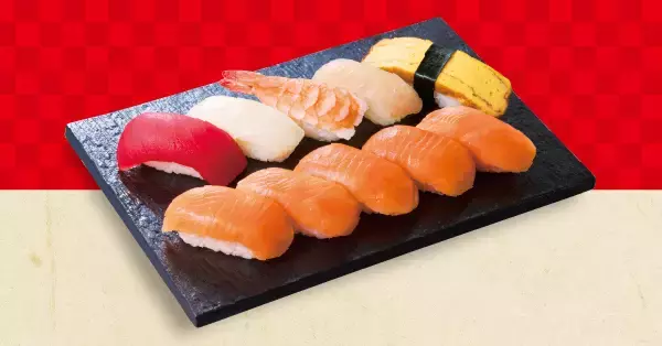 「【10貫で745円】まぐろ、サーモン、えびなどが入る「6種類」のセットが安い（たっぷり握りフェア開催）」の画像
