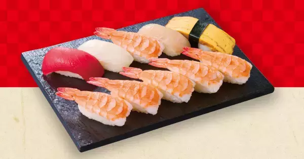 「【10貫で745円】まぐろ、サーモン、えびなどが入る「6種類」のセットが安い（たっぷり握りフェア開催）」の画像