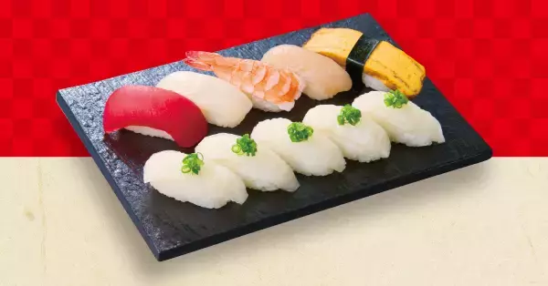 「【10貫で745円】まぐろ、サーモン、えびなどが入る「6種類」のセットが安い（たっぷり握りフェア開催）」の画像