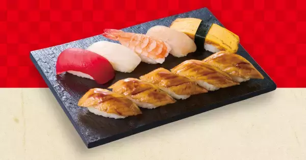 「【10貫で745円】まぐろ、サーモン、えびなどが入る「6種類」のセットが安い（たっぷり握りフェア開催）」の画像