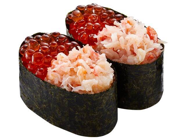 『ずわい蟹ほぐし身包み』一貫110円、『蟹いくらの合盛り軍艦』二貫290円など/ずわい蟹がお得に食べられる「かっぱの豪華かに祭り」開催