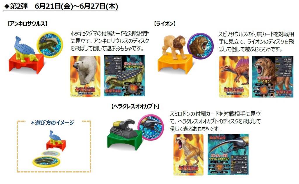 ハッピーセット「最強王図鑑」第1弾発売、ティラノサウルス･プルスサウルス･アフリカゾウのディスクを飛ばせる仕掛けフィギュア、週末プレゼントに「最強王バトルカードゲーム」/マクドナルド