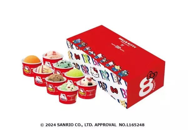 「サーティワン「ハローキティ」コラボ第2弾開催、ダブルカップは期間限定で缶バッジ付き、お祝いサンデー･クッション付きアイスクリームセットなども販売」の画像