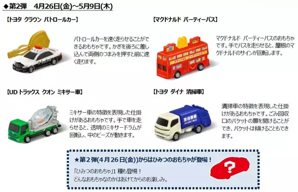 「ハッピーセット「トミカ」第1弾発売、消防車･救急車･恐竜搬送車とトヨタGRカローラ“ゴールド”仕様、週末プレゼント「スペシャルDVD2024」も/マクドナルド」の画像