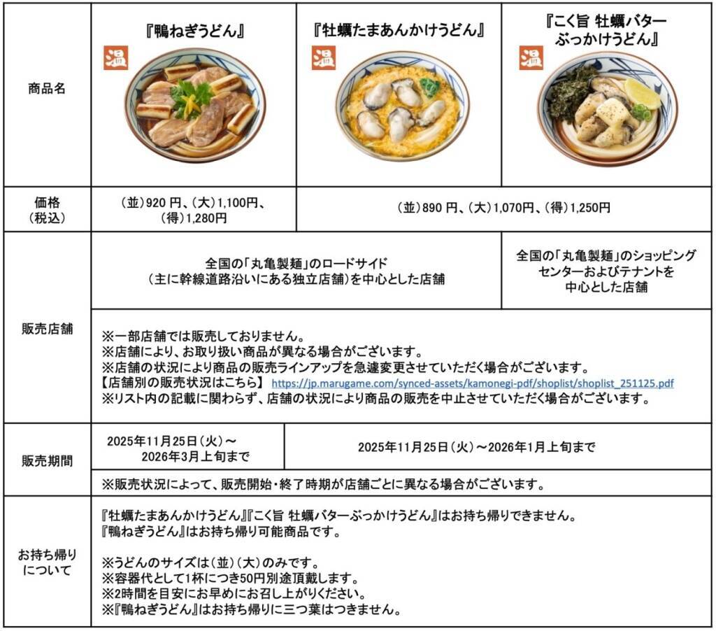 「鴨ねぎうどん」「牡蠣たまあんかけうどん」/冬の定番が例年より早く登場【丸亀製麺】