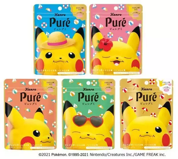 「ピカチュウピュレグミ第4弾「でんげきトロピカ味パイルのみ風」発売、パインソーダに南国フルーツアクセント、グミはピカチュウ・うきわ・ハート型/カンロ」の画像