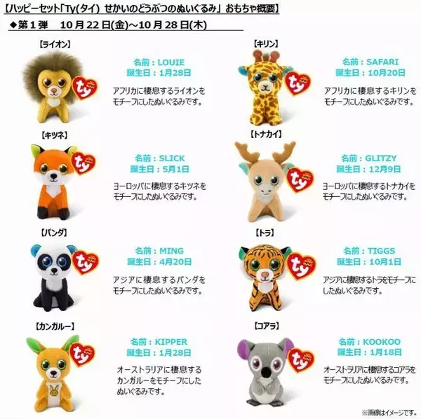 「ハッピーセット「Ty(タイ)せかいのどうぶつのぬいぐるみ」ライオン・パンダなど15種類登場、週末プレゼント「シールブック」も/マクドナルド」の画像