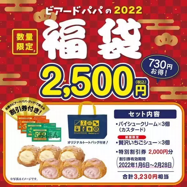 「「ビアードパパの福袋」2022年の内容公開、トートバック・割引券・シュークリームのセット、2500円・3300円の2種類」の画像