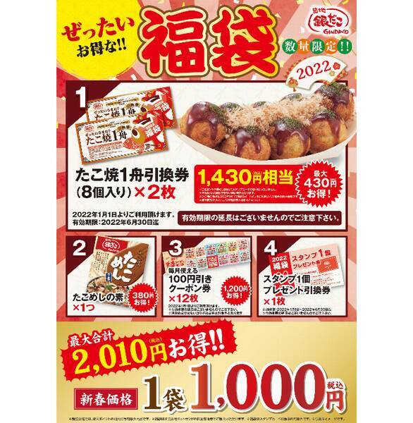 銀だこ2022年「ぜったいお得な!!福袋」内容公開、たこ焼き引換券やクーポン券、たこめしの素などセットに、1000円・3000円・5000円の3種類