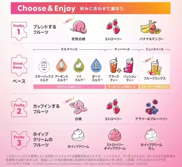 「【スタバ】自分好みにカスタマイズできる『My フルーツ フラペチーノ』シリーズに「完熟白桃」追加、ベースドリンクには「フルーツミックス」も新登場」の画像