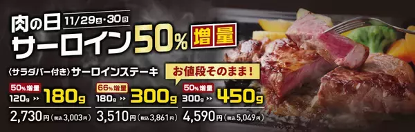 「サーロインステーキを最大66%増量して提供する「肉の日 お客様感謝デー」を開催/【ステーキのあさくま/11月29日･30日限定】」の画像