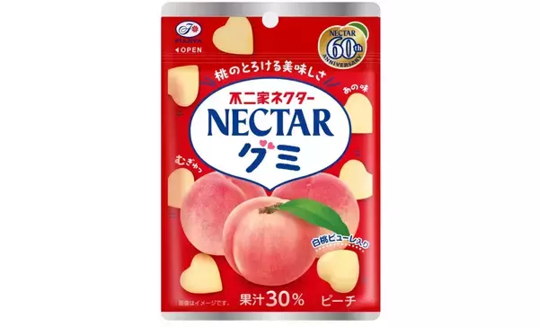 「不二家、2月5日から「ネクター」発売60周年記念で白桃果汁増量の「ネクター」発売、6日に「ネクターグミ」も、新CMはプロゴルファー上田桃子選手とネクターの妖精「ももぺこ」登場」の画像