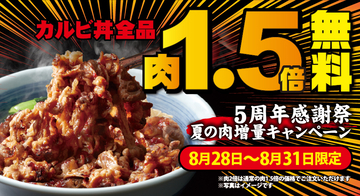 【4日間限定】対象5品のカルビ肉1.5倍増量が無料に　焼きたてのかるび 5周年記念企画
